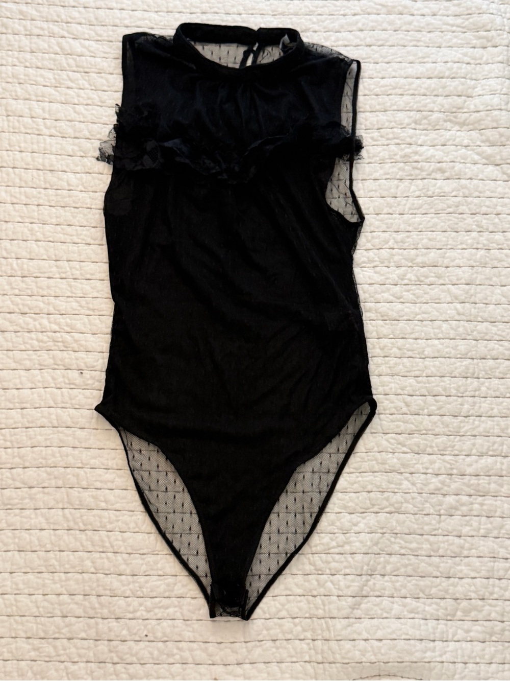 Forever 21 Black Sheer Dot Mesh Bodysuit with Ruffle Detail